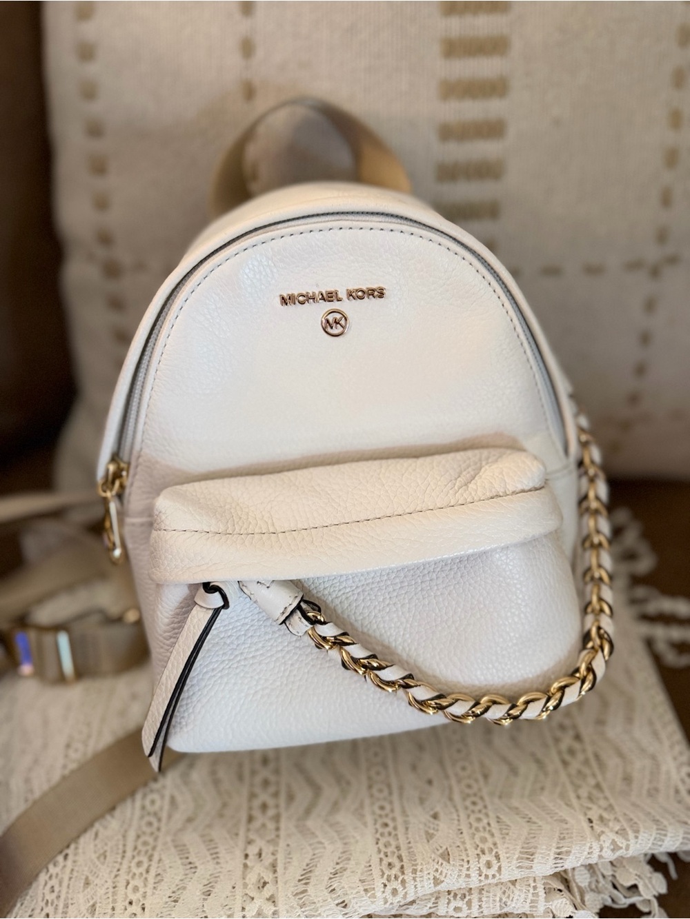 Michael Kors White Pebbled Leather Mini Backpack with Gold Chain Strap